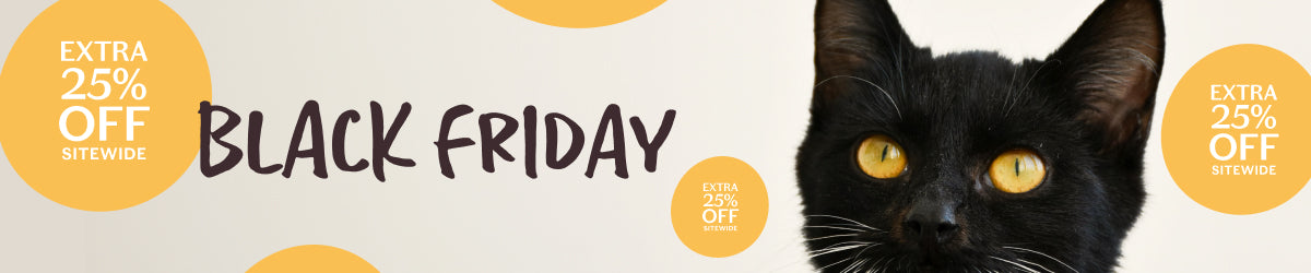 Black cat beside 'Black Friday' text with 25% off sitewide bubbles.