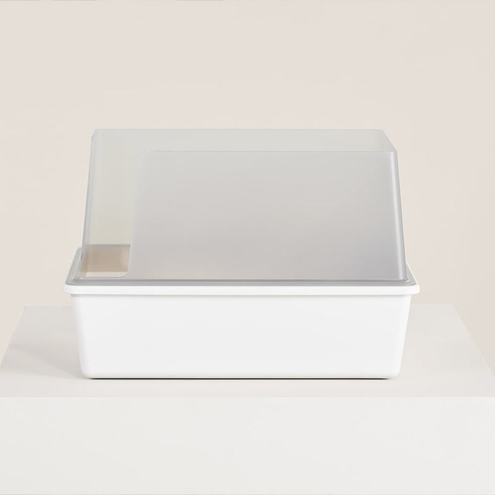 White plastic storage bin with a frosted translucent lid.